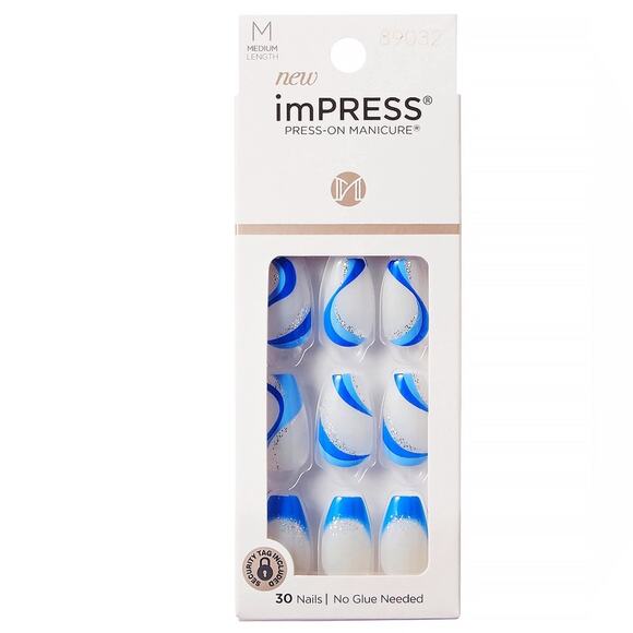 New Kiss imPress Press On Nails Blue/White Mesmerize Medium - Picture 5 of 5